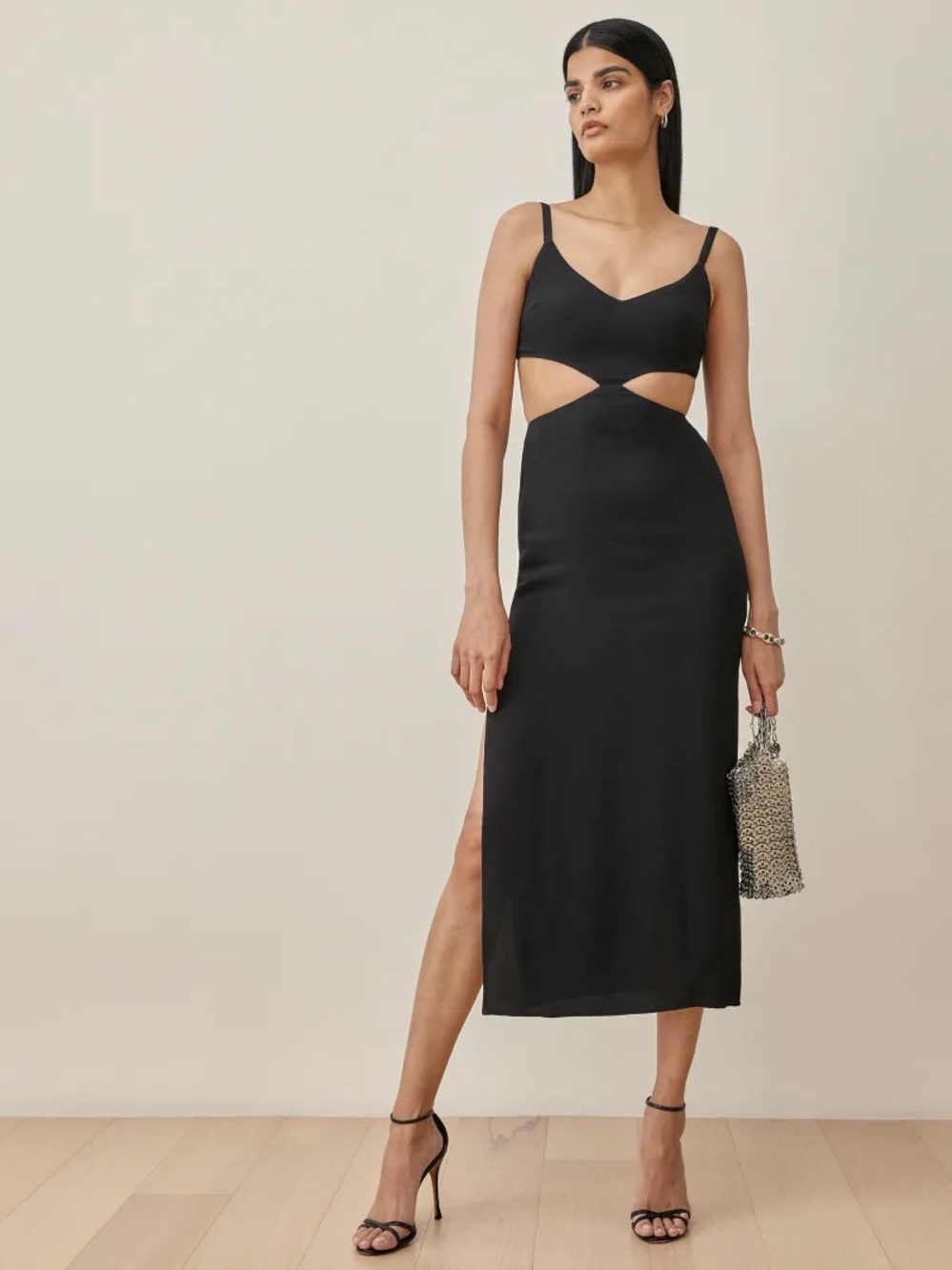 Reformation Alsie Black Cutout Midi Dress with Spaghetti Straps